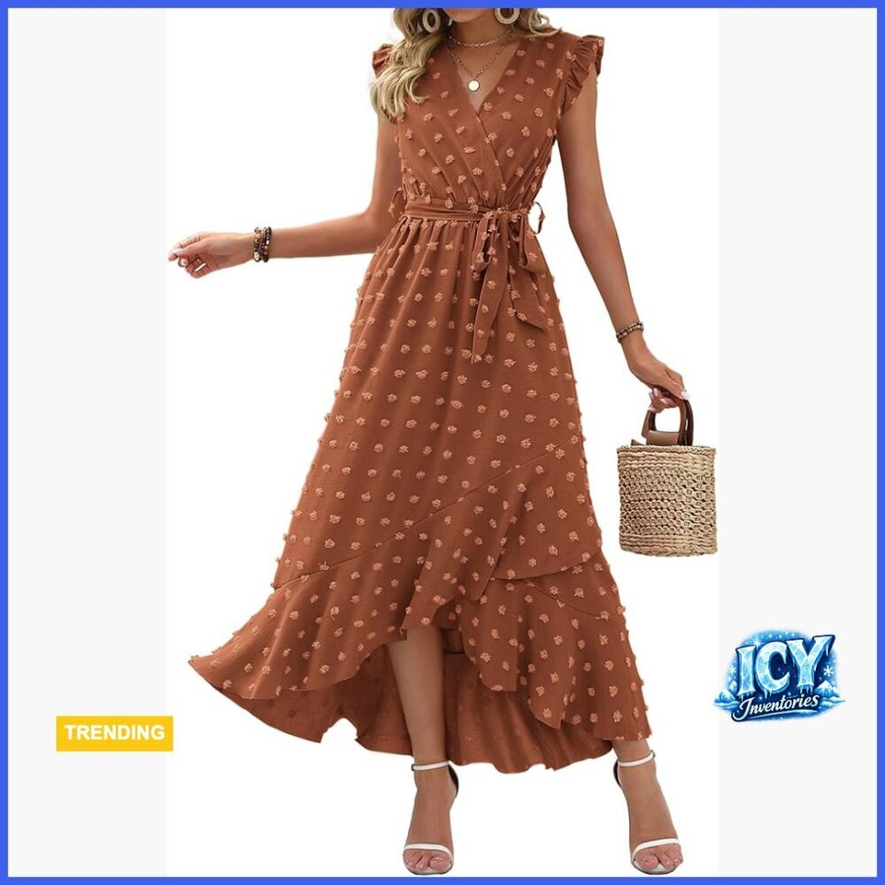 Swiss Dot Maxi Dress with Cap Sleeves and Wrap Ruffle Hem